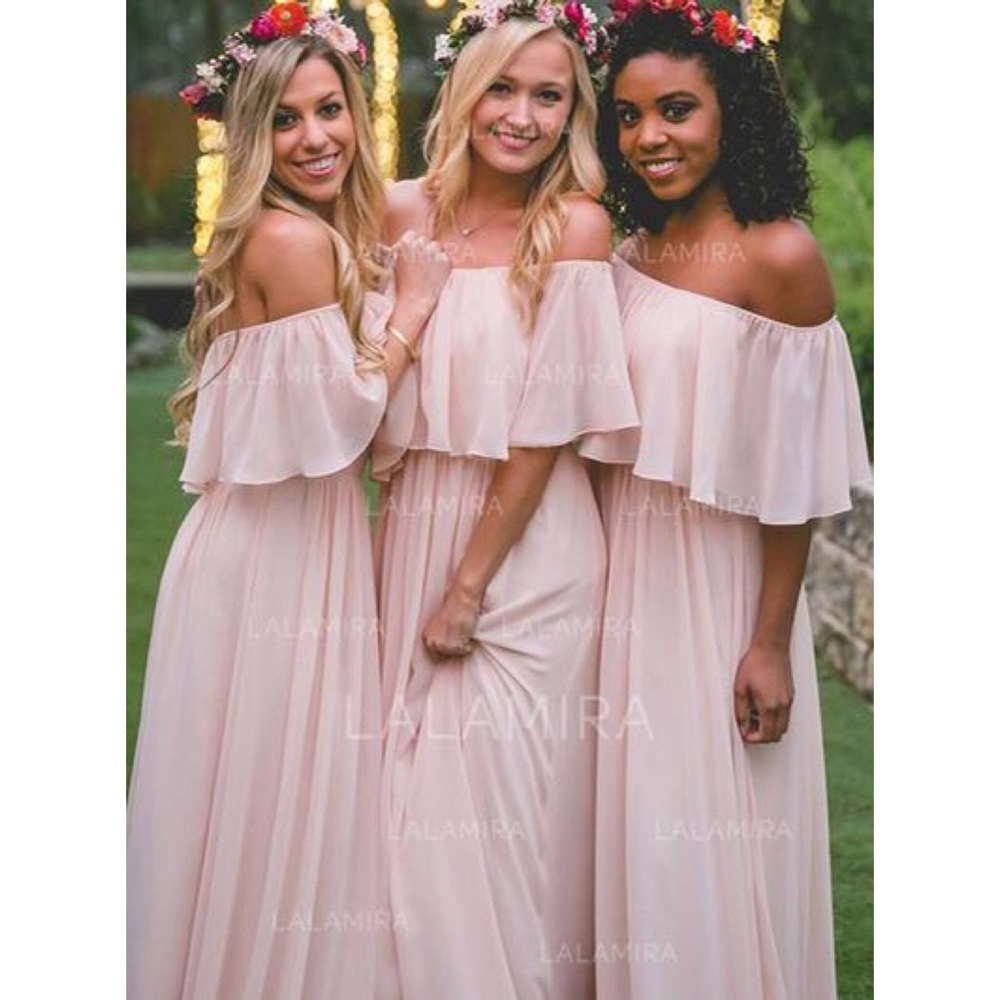 Pink off the shoulder bridesmaids dress